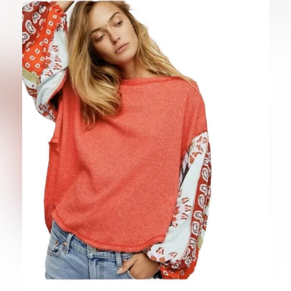 Free People Coral Pullover with Printed Balloon Sleeves